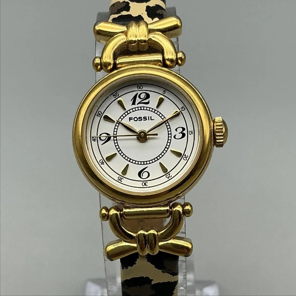 Fossil Womens Watch 23mm White Dial Gold Tone Leopard Leather Band New Battery
